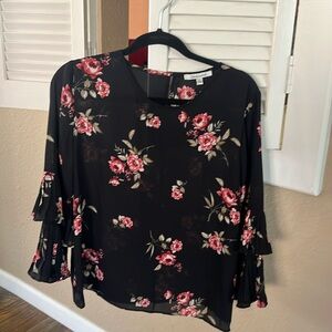 Black floral blouse - boho - bell ruffle sleeves